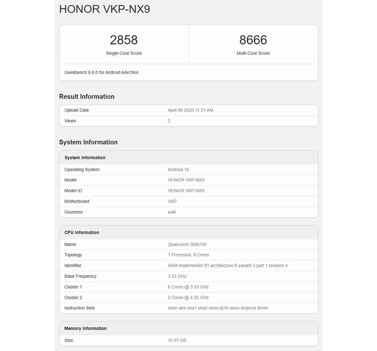 Honor 600 Pro appears on Geekbench with Snapdragon 8 Elite and 12GB of RAM