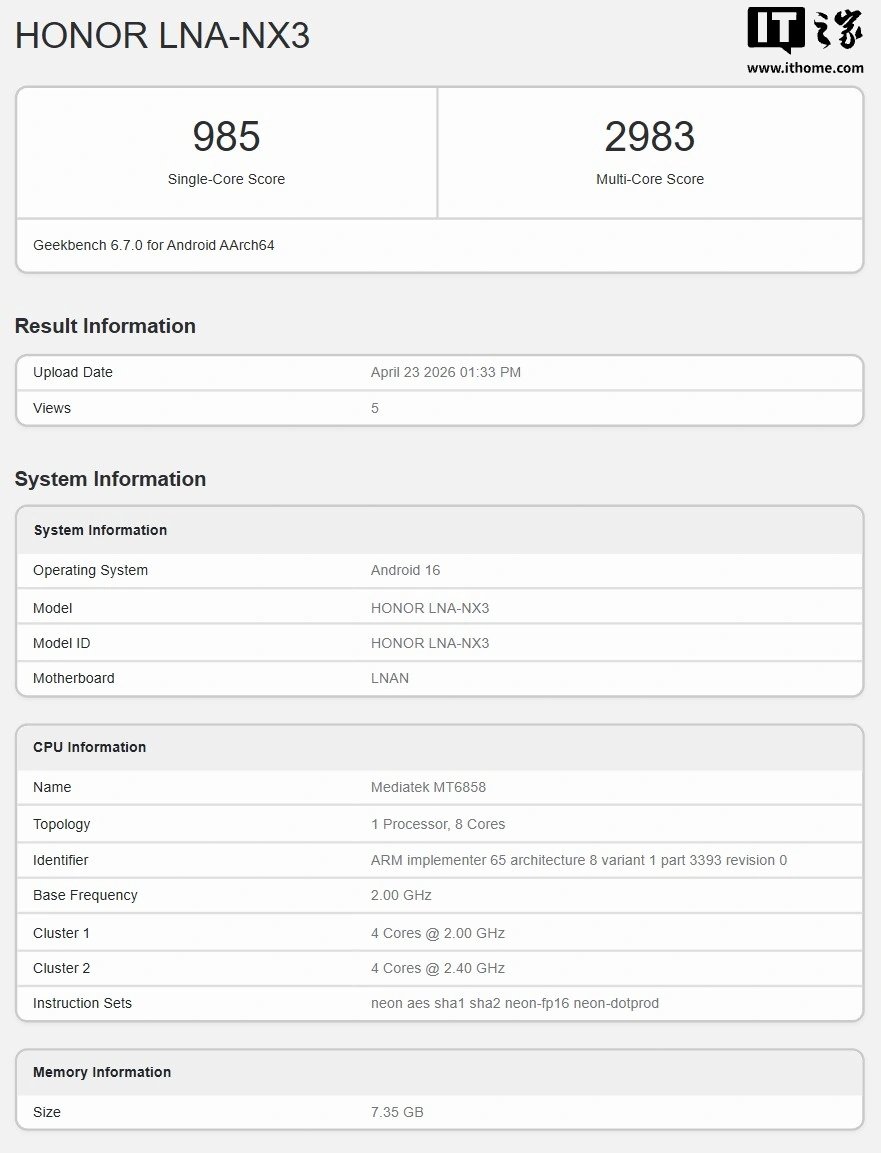 Honor 600e appears in Geekbench with a likely Dimensity 7100 chip and 8GB of RAM