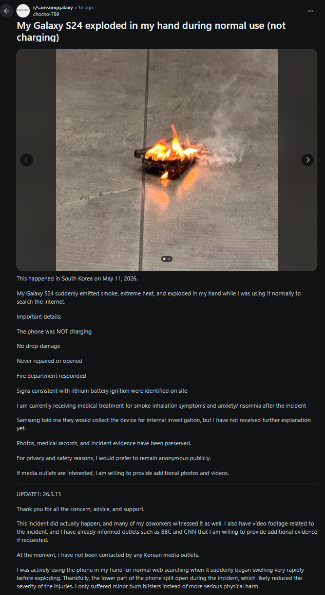 Samsung Galaxy S24 Reportedly Caught Fire During Normal Use, Leaving Owner With Minor Burns image 2