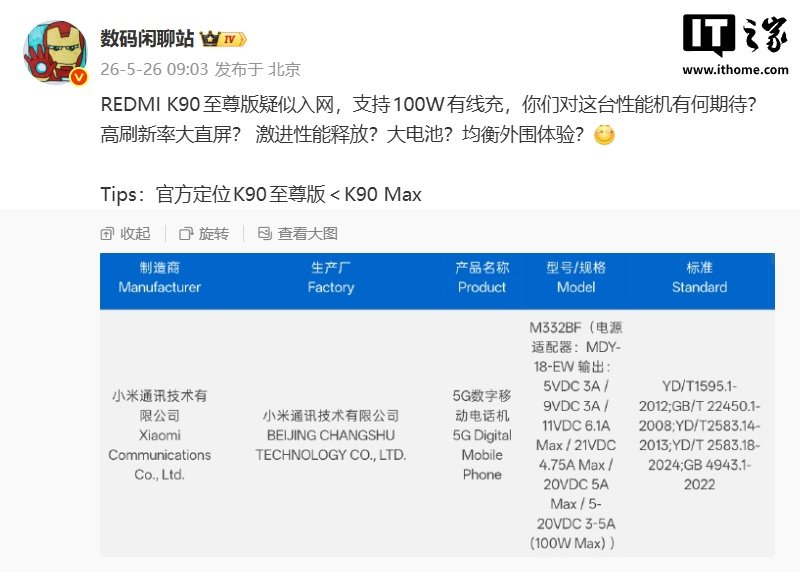 REDMI K90 Ultra Appears to Clear 3C in China With 100W Wired Charging image 2