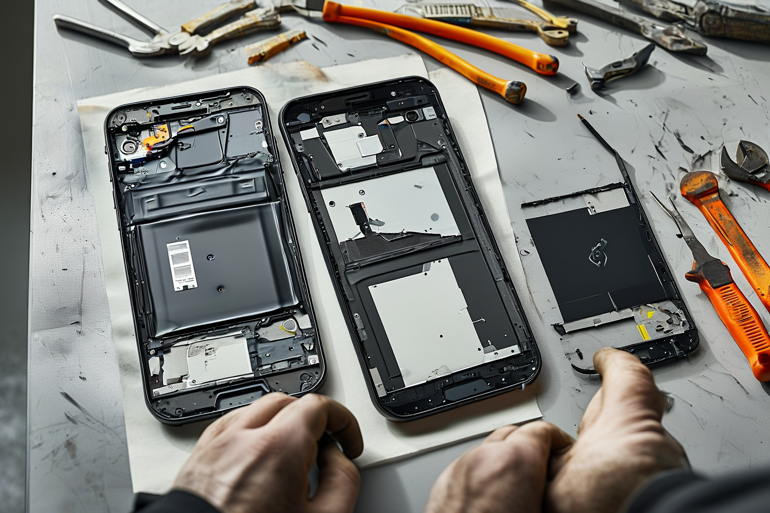 Two smartphone display assemblies being compared on a repair desk
