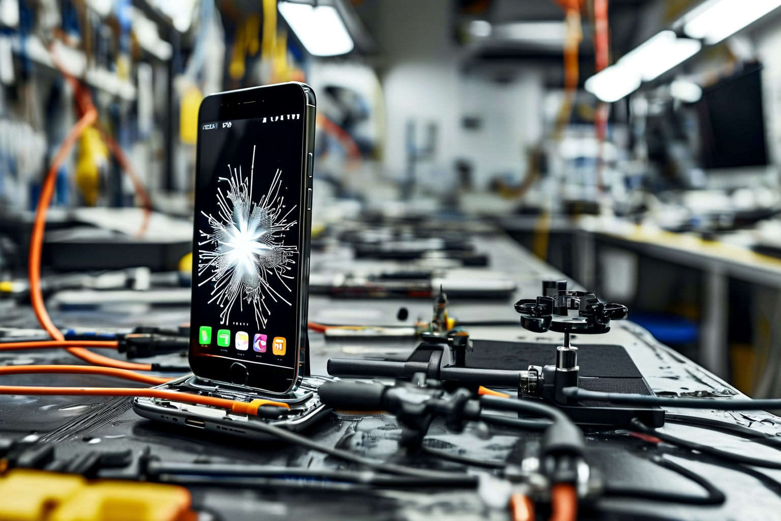 Authorized service style smartphone calibration setup with diagnostic equipment