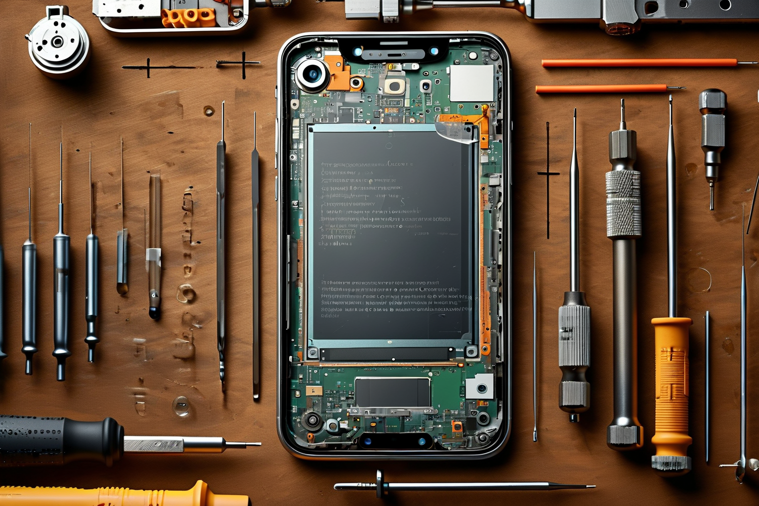 Neutral smartphone repair bench with tools and a display module